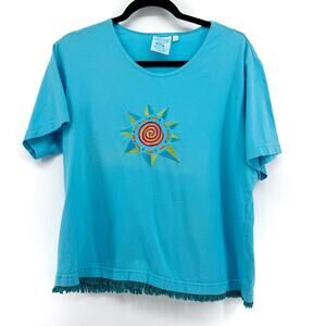 Vintage Johnny Was Blue Embroidered Sun Tee Size Small Fringe Hem Boho Boxy Y2K